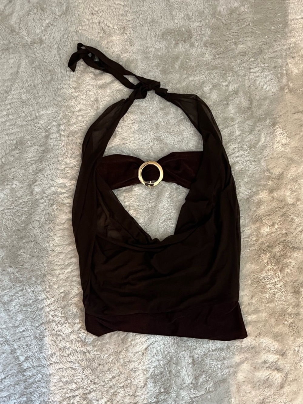 Tiger Mist XXS Brown Bandeau and Halter Top with Gold Ring Accent